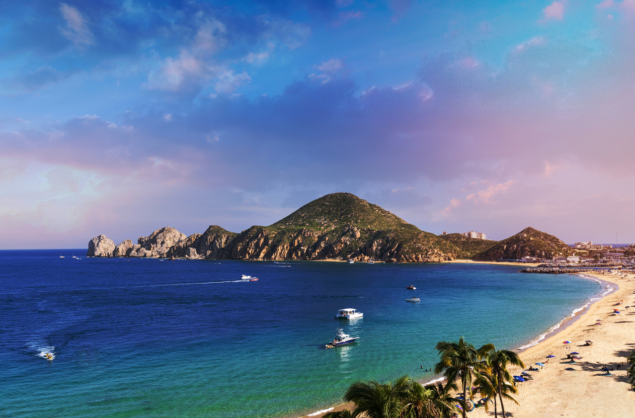 Cabo San Lucas, Mexico, Scenic panoramic aerial view of Los Cabos landmark tourist destination Arch of Cabo San Lucas, El Arco, whale watching and snorkeling spot